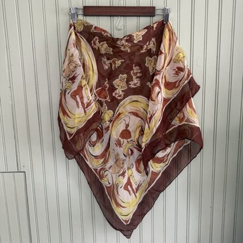 Vtg Scarf Novelty Ballerina Ballet Dancer Art Print Colorful Square Wrap Brown
